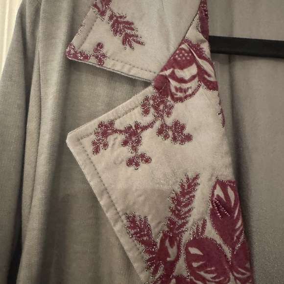 Soft Surroundings Gray Trench Coat with Burgundy Embroidery - Picture 2 of 4